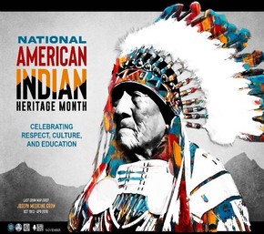 Illustration of a Native American in a headdress for Indian Heritage Month.