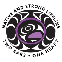 A round logo with a bold, black, purple and white Tribal design, encircled by text reading, “Native and Strong Lifeline, Two Ears, One Heart.”