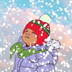 Illustration of a chubby-cheeked toddler staring up in wonder at the falling snow, all bundled up for the for the cold weather.