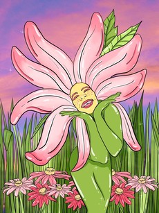 Illustration of a daisy personified into a happy flower-person with a gap in the front teeth, smiling so big their eyes are squeezed shut.