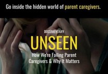 a photo of the documentary title showing a photo of a caregiver with their head down