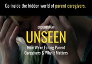 a photo of the documentary title showing a photo of a caregiver with their head down