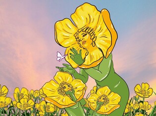Illustration of a personified buttercup flower showing two baby buttercups a butterfly, surrounded in a field of yellow buttercups and the sunrise.