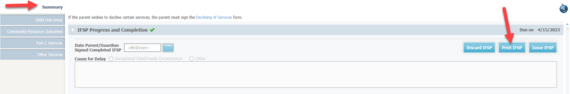 Screen shot of DMS IFSP summary screen and print option.