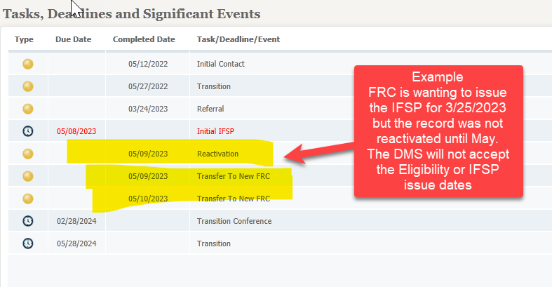 Screen shot of DMS unable to accept the Eligibility or IFSP issues dates.