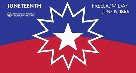 Juneteenth flag with DCYF logo for Zoom background.