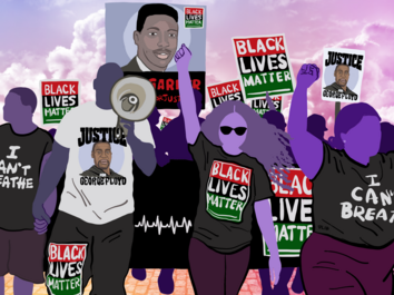 Illustration of a group of black protestors passionately marching, holding posters of George Floyd, Eric Garner and signs saying, "Back Lives Matter!"