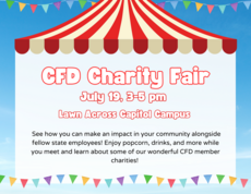 Combined Fund Drive Flyer, Circus-type tent and pennant-type banners with charity fair details 