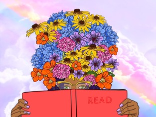 Illustration of someone reading and peeking over a red book, their imagination blooming into a tall garden of colorful flowers on top of their head.