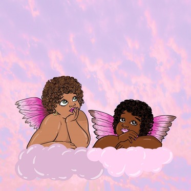 Two adorable illustrated brown cherubs resting elbows on pastel pink clouds. A re-creation of the two cherubs in Raphael's Sistine Madonna painting. 