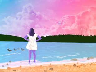 Illustration of a woman standing on a lake shore, looking at ducks on the water and the pink and orange sunset over the distant mountain.