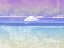 Illustration of Mt. Rainier/Tahoma in the distance, surrounded in the misty lavender sunrise.