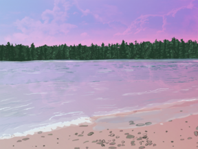 Illustration of a beach shore, calm lake and tree line bathed in a pink sunset.