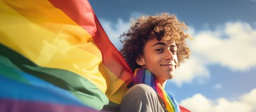 Youth with LGBTQ flag as a cape
