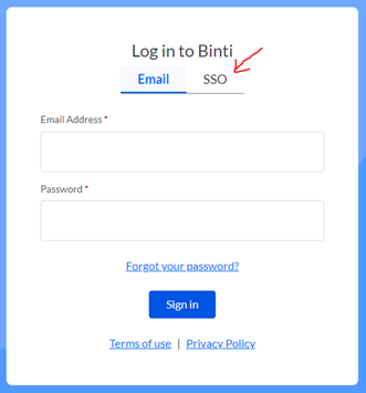screenshot of binti login page with read arrow pointing at SSO login option