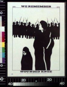 Black and white woodcut print of a Sioux child standing near their mother, who's looking over her shoulder at a silhouetted line of at armed soldiers.