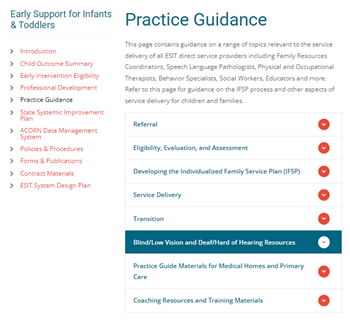 Screen shot of ESIT's Practice Guidance page, and the Blind/Low Vision and Dead/Hard of Hearing Resources dropdown menu.