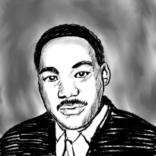 Black and white illustrated portrait of Dr. Martin Luther King Jr.