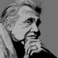 Black, white and grayscale illustration, closeup of Billy Frank Jr., in profile and deep in thought.