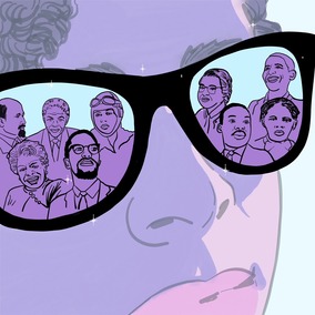 Close up drawing of a person in sunglasses; imagery of WEB Du Bois, Bessy Coleman, MLK and other iconic black history figures reflect in the lenses.