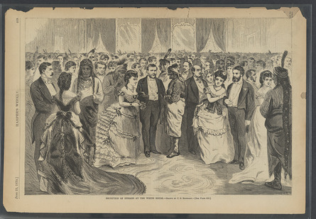 Ink illustration, titled, "Reception of Indians at the White House," drawn by C.S. Reinhart, 1870.