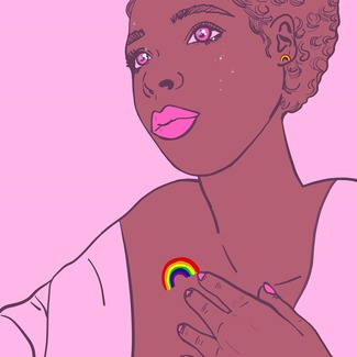 Illustration of a brown person looking up toward the sky, holding their hand by a small rainbow hovering near their heart.