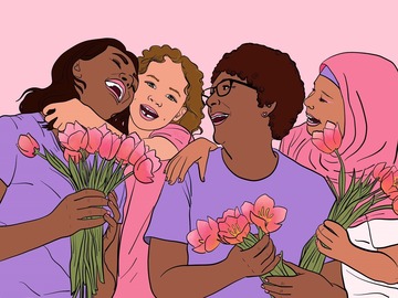 Illustration of four women: a child, a teen, a middle-aged and grandma-age, all laughing, hugging and holding tulips.