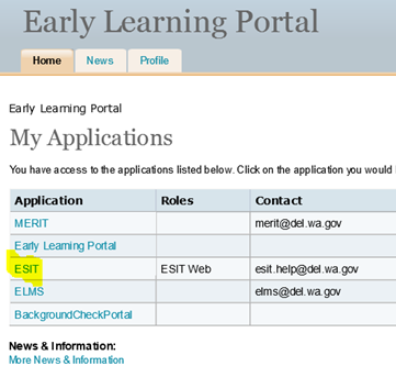 Screen shot of Early Learning Portal home page.