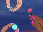 Surreal illustration of three different hands holding the moon, planet earth and a pink flower, across the star-sprinkled evening sky.