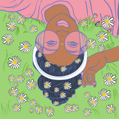  Illustration of a brown girl, laying upside-down, in rose-colored glasses, daisies in her top knot bun, surrounded in a grassy field of daisies.