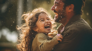 father and daughter with big smiles being sprayed with sprinkler