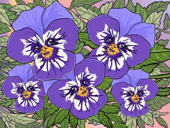 Illustration of a cluster of 5 purple pansies with little, silly, smiling Brussels Griffon dog faces in the yellow and white center of each flower.