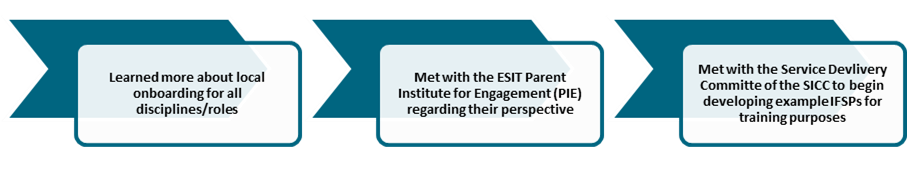 Graphic showing 3 completed steps in the review process: learned about local onboarding, met with PIE and met with SICC Service Delivery Committee.