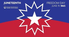 Juneteenth flag, with DCYF logo in top left-hand corner. Text on flag reads, "Juneteenth Freedom Day June 19, 1865."
