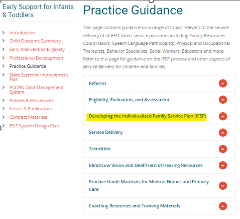Screen shot of ESIT's Practice Guidance page, and the 'Developing the Individualized Family Service Plan' dropdown menu is highlighted.