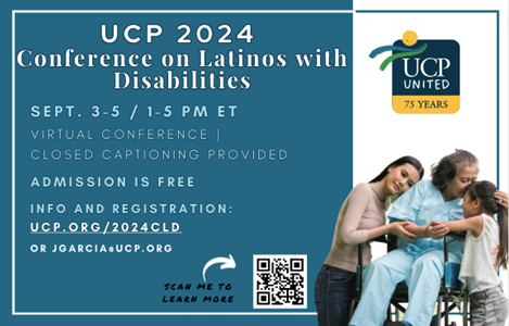 UCP conference flyer with a photo of a family 