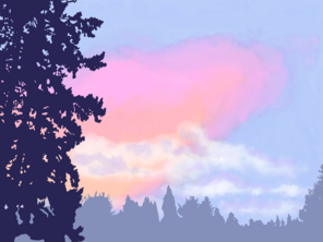 Illustration of a porch view of silhouetted treetops, clouds and an orange and purple pastel sunset.