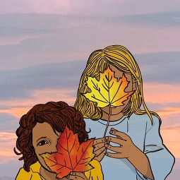 Illustration of two kids holding large, colorful fall leaves in front of their faces.