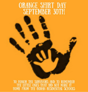 Orange Shirt Day. Image of an orange square, an adult-sized black hand print, and inside the palm, a small child-sized, orange hand print.