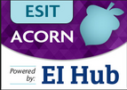 ACORN logo that says: “ESIT ACORN, approved by EI Hub”. A half purple, half white background featuring the words ESIT and a giant acorn, both in teal.