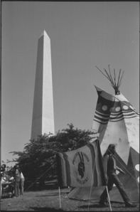 Tipi with sign “American Indian Movement” on the grounds of the Washington Monument. 