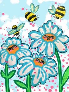  Illustration of personified, hopeful daisies with big cartoony eyes and big lips, happily look up at big, buzzing bubble bees.