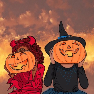 Illustration of two kids, in devil and witch costumes, both holding jack-o-lanterns in front of their faces. 