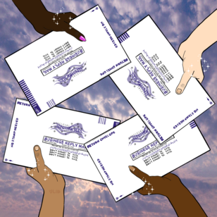 Illustration of four hands of varying skin tone, from brown to white, holding sealed voting ballots.