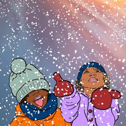 Illustration of two multi-ethnic kids behind a curtain of falling snow; one sticks out a tongue and the other holds out mittens to catch snowflakes.