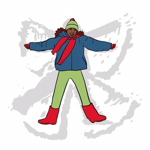 Illustrated aerial view of a laughing child in a hat, gloves, boots and big coat, making a snow angel.