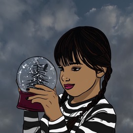 Illustration of a young girl holding and gazing into large, snowflake-filled snow globe, with a single pine tree and a crow perched on top.