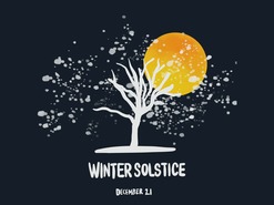 Illustration of a winter tree silhouetted by a full orange moon and star-filled, blue night sky, and text reading, "Winter Solstice December 21."