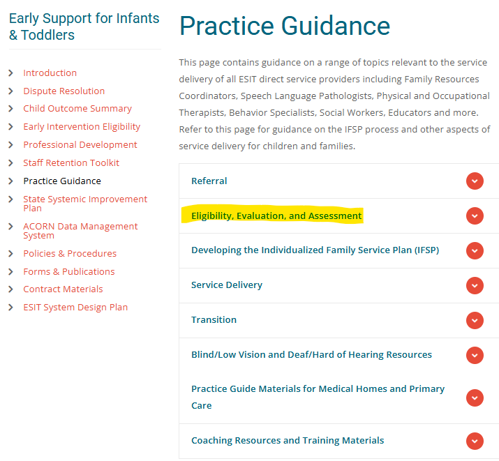 Screen shot of ESIT Practice Guidance page and the "Eligibility, Evaluation, and Assessment" dropdown menu, showing where the guide is located.