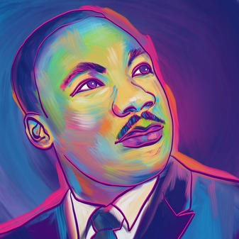 Bright, rainbow day-glow, digitally painted portrait of Dr. Martin Luther King Jr. thoughtfully looking off into the distance.